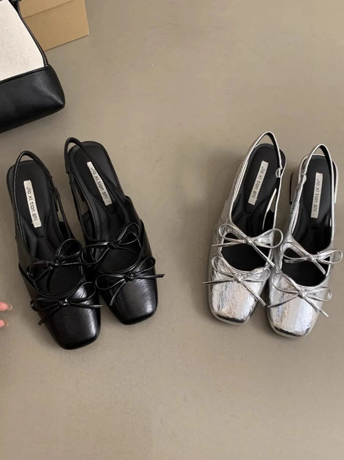 Square Toe Bow-Tie Slingback Ballet Shoes