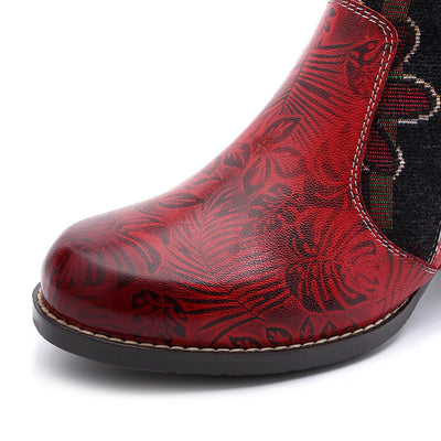 Bohemian Leather Block Heel Long Boots Exotic Pattern