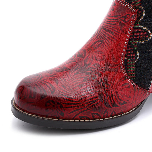 Bohemian Leather Block Heel Long Boots Exotic Pattern