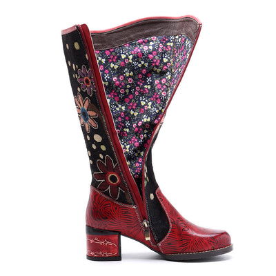 Bohemian Leather Block Heel Long Boots Exotic Pattern