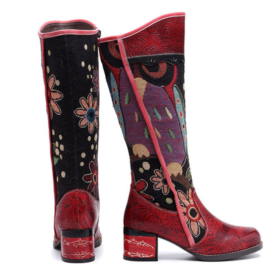 Bohemian Leather Block Heel Long Boots Exotic Pattern