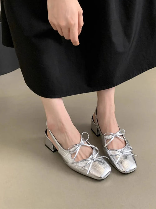 Square Toe Bow-Tie Slingback Ballet Shoes